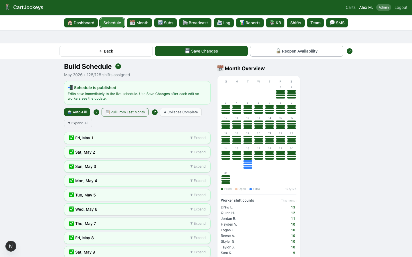 CartJockeys weekly schedule builder